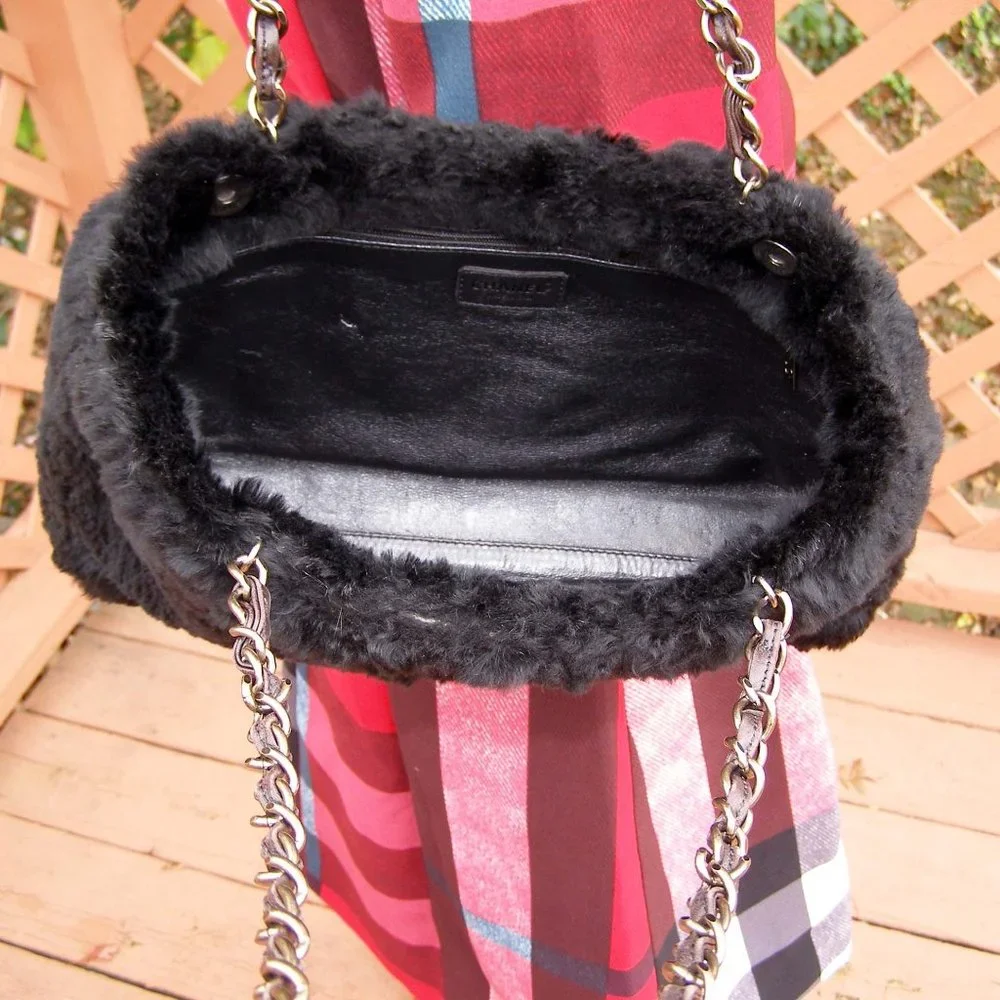RARE CHANEL Black Fur Shoulder Bag Chain Straps CC